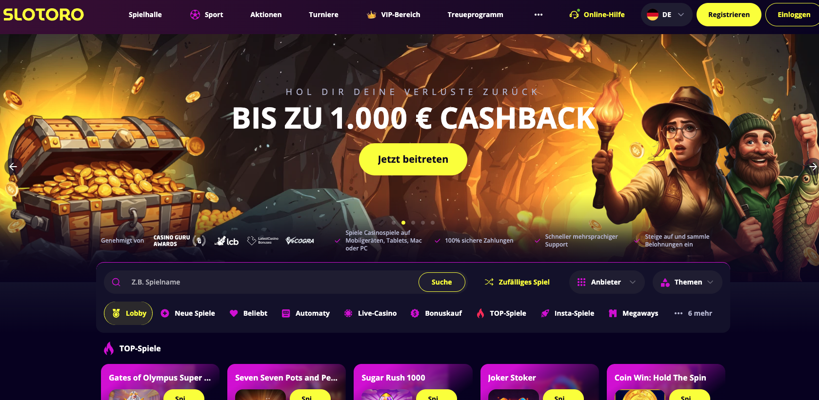 Slotoro Casino Front Page