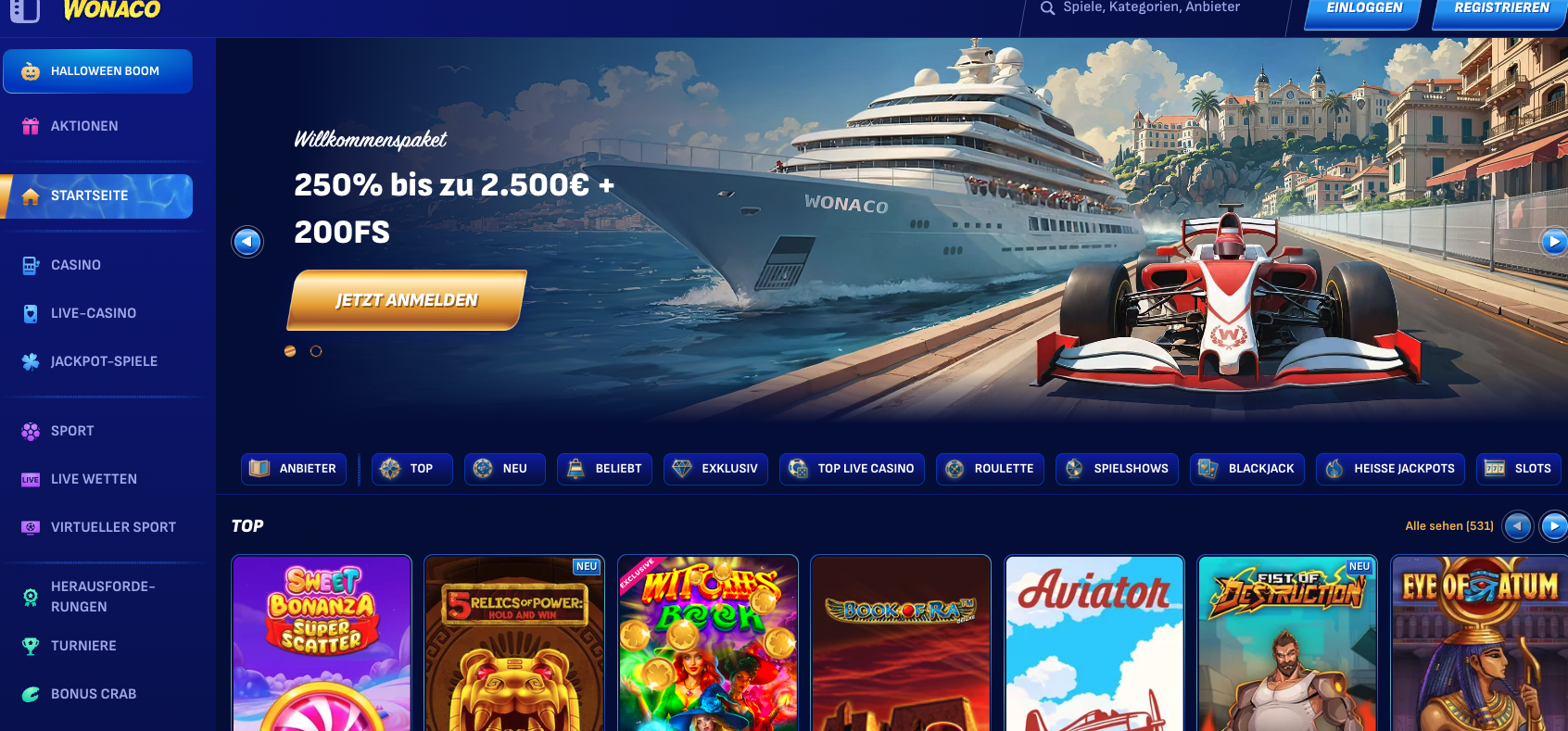 Wonaco Casino Front Page